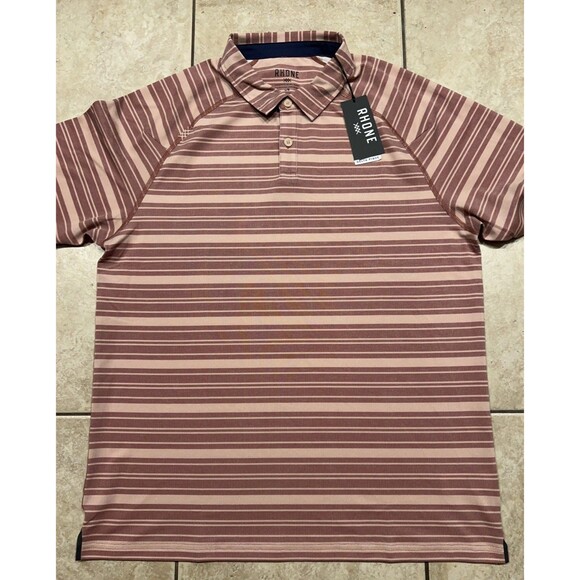 Rhone Shirt Mens Large Delta Pique Polo Mahogany Rose Striped Golf Performance - Picture 1 of 9